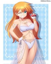 asymmetrical_hair bare_shoulders bikini blush bracelet breasts cleavage creatures_(company) earrings female fingerless_gloves game_freak gloves green_eyes grin hand_on_own_hip hand_up highres holding holding_poke_ball huge_breasts human jewelry jpeg kasumi_(pokemon) large_breasts long_hair looking_at_viewer midriff navel necklace nintendo one_eye_closed orange_hair patdarux poke_ball poke_ball_(basic) pokemon pokemon_(anime) pokemon_(classic_anime) pokemon_rgby ponytail smile solo swimsuit teeth thighs white_bikini wink