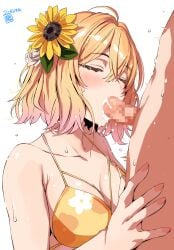 1boy 1girls artist_name belko bikini blonde_hair blush breasts cleavage closed_eyes clothed_female_nude_male collarbone cum cum_in_mouth dated ejaculation fellatio female flower hair_flower hair_ornament hi_res highres kanojo_okarishimasu male medium_breasts nanami_mami nude oral penis short_hair sunflower swimsuit yellow_bikini