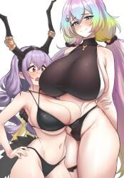 2girls arknights bare_shoulders bikini black_bikini blue_eyes blue_hair blush cowboy_shot cupitan_(granblue_fantasy) cupitan_(summer)_(granblue_fantasy) gradient_hair granblue_fantasy green_hair hair_between_eyes hair_ornament horns large_breasts long_hair looking_at_viewer low_twintails navel open_mouth pink_hair purple_eyes radioneet smile thick_thighs thigh_strap trembling typhon_(arknights) very_long_hair white_background