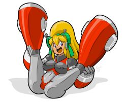 armor atomictiki bikini_armor blonde_hair blue_eyes breasts capcom character_request hairband hyper_roll joints long_hair marvel_vs._capcom mega_man_(series) panties panties_only ribbon robot_girl robot_joints roll spread_legs