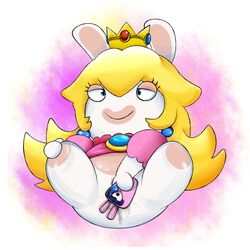 1girls anthro blonde_hair blue_eyes bottomless brooch cellphone clothed clothing crown ear_piercing earrings female hair half-closed_eyes jewelry lips long_hair mammal mario_(series) mario_+_rabbids mario_+_rabbids:_kingdom_battle missdetrop nintendo no_nose phone piercing pink_clothing puffy_short_sleeves pussy_juice rabbid rabbid_peach raving_rabbids semi-anthro shortstack simple_background smile solo solo_female spread_legs spreading ubisoft video_games