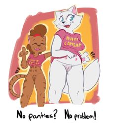 2017 2girls anthro bottomless breast_size_difference brown_fur cinnamon_(samoyena) clothed clothing duo english_text felid feline felis female female_focus female_only fur furry furry_only hi_res mammal multi_nipple nipples nude partially_clothed pussy samoyena striped_fur stripes tabatha_(samoyena) tail text topwear white_fur