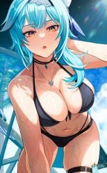 1girls ai_generated bikini blue_hair breasts choker cleavage curvy curvy_body curvy_female curvy_figure eula_(genshin_impact) female genshin_impact large_breasts necklace solo swimwear wet wet_body yellow_eyes