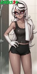 ai_generated bare_legs carmilla_carmine demon_girl ends34 female female_only hazbin_hotel long_hair long_legs medium_breasts milf mommy shorts skinny sport sports_bra sports_uniform sportswear wet wet_body