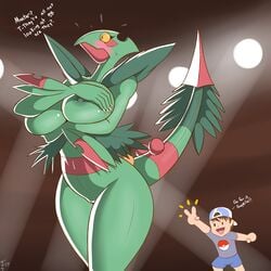 2017 anthro anthrofied big_breasts blush breasts covering covering_breasts dialogue duo embarrassed english_text female gesture group hand_on_breast hat hi_res holding_breast human inside lights male mammal mega_evolution mega_sceptile navel nintendo nipples nude pokemon pokemon_(species) pokemorph pussy scalie sceptile shy simple_background slim solo_focus text v video_games wide_eyed yellow_sclera zp92