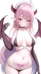 1girls absurdres ahoge artist_request bare_shoulders bikini black_bikini black_choker black_gloves blush breasts breasts_apart character_request choker cleavage collarbone demon_girl demon_wings elbow_gloves female female_only fuminshou_(nekopan_art) gloves hand_up heart heart_tattoo heterochromia highres horns large_breasts long_hair looking_at_viewer maid_headdress multi-strapped_bikini_top navel o-ring o-ring_bikini original pink_eyes pink_hair pink_horns pink_wings pointy_ears pubic_tattoo revealing_clothes simple_background skindentation solo stomach succubus succubus_tattoo swimsuit tattoo thigh_gap thighs white_background white_headdress wings yellow_eyes