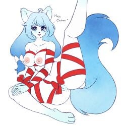 absurd_res anthro ava_(ddark) blue_eyes blue_hair bound breasts canid canine clothing feet female fox fur genitals hair hi_res inosagi looking_at_viewer mammal navel nude presenting presenting_pussy pussy pussy_tuft ribbons solo underwear white_body white_fur