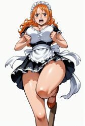 ai_generated alluring angry angry_expression angry_face big_breasts blush breast_support breasts brown_eyes female female_only hands_on_breasts looking_at_viewer maid maid_cap maid_dress maid_headdress maid_outfit maid_uniform nami nami_(one_piece) one_leg_up one_piece open_mouth orange_hair seducing seduction seductive seductive_body seductive_eyes seductive_gaze seductive_look seductive_mouth seductive_pose shiny_hair shiny_skin thick_thighs voluptuous voluptuous_female yashin