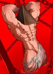 abs arms_behind_head arms_up bara chains male male_focus male_only monster muscular muscular_male pecs penis_peek pyramid_head restrained ripped_clothing sedo sedo_(usingincognito) silent_hill silent_hill_2 solo solo_male tied_hands usingincognito