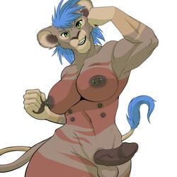 2017 5_fingers anthro areola balls biceps biped blue_hair breasts brown_fur brown_nipples brown_nose brown_penis brown_tail crimsoncanine erection eyebrows feline flexing front_view fur futanari glans green_eyes hair half-length_portrait hi_res humanoid_hands humanoid_penis intersex lion looking_at_viewer mammal multi_nipple multicolored_fur muscular muscular_futanari muscular_intersex nevada_(crimsoncanine) nipple_piercing nipples nude penis piercing portrait pose short_hair simple_background smile smirk solo standing tail_tuft tan_balls tan_fur teeth tuft vein veiny_penis white_background