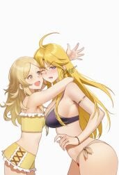 2girls :d absurdres ahoge alternate_hairstyle angry annoyed armlet asymmetrical_docking bikini blonde_hair blush bracelet breast_press breasts clarisse_(fire_emblem) commission female female_only fire_emblem fire_emblem:_new_mystery_of_the_emblem fire_emblem_awakening grey_eyes happy highres hug jewelry large_breasts lissa_(fire_emblem) long_hair multiple_girls nintendo one_eye_closed open_mouth parted_bangs purple_eyes shizuko_hideyoshi simple_background small_breasts smile swimsuit v-shaped_eyebrows white_background yellow_bikini yellow_swimsuit