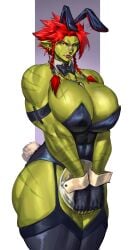 2d 2d_(artwork) bunnysuit cassandra_(virgoart1509) ear_piercing earrings female fingerless_gloves huge_breasts muscular muscular_female orc orc_female red_hair scars scars_on_arm scars_on_body scars_on_chest scars_on_face scars_on_thighs solo solo_female virgoart1509 waitress