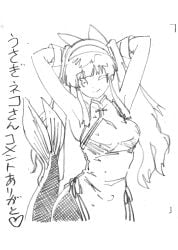 1girls alternate_costume alternate_hairstyle armpits arms_behind_head big_breasts breasts busty chinese_clothes confident cute female female_only gloves hair_ribbon heart highres japanese_text king_of_fighters large_breasts long_hair looking_at_viewer mermaid monochrome monster_girl nakoruru one_eye_closed pose posing ribbon samurai_shodown sexy_armpits sketch smile snk solo swimsuit traditional_media translation_request twintails very_long_hair voluptuous wink