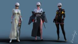 3d 3girls big_breasts blindfold breasts clothed clothing female female_only genderswap_(mtf) light-skinned_female light_skin looking_at_viewer nier nier:_automata rule_63 rule_63 short_hair solo venomkniight white_hair yorha_9s yorha_commander_(cosplay)