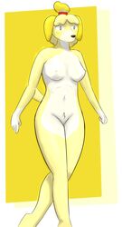 2017 alternate_body_type alternate_breast_size animal_crossing anthro breasts canine female fur hair hi_res isabelle_(animal_crossing) lexidoll mammal nintendo nipples nude shaded simple_background solo solo_focus video_games walking