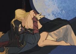 2girls big_breasts blonde_hair breasts breasts_out brush2h canon_couple clothing elden_ring female female_only fromsoftware moon nude_female queen_marika_the_eternal rennala_queen_of_the_full_moon thick_thighs tribadism wife_and_wife yuri