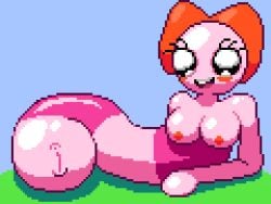 adventure_time anthrofied big_eyes breasts caterpillar erin_(adventure_time) no_sex pink_skin pixel pixel_art pussy red_bow simple_background smiling_at_viewer striped_body