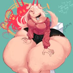 anthro big_thighs canine chainsaw_man collar detailed female fluffy furry gigantic_thighs hi_res highres horns huge_ass huge_thighs killary_(lexita) long_hair looking_at_viewer onomatopoeia pai_mochy power_(chainsaw_man) shaded simple_background sitting sweater toilet touching_thigh