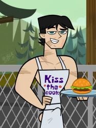 1boy apron black27-0 black_hair bulge_through_clothing burger disventure_camp gay male_only muscles muscular outside penis scar scar_on_face solo tom_(disventure_camp) toony yaoi