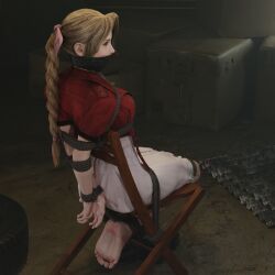 1girls 3d aerith_gainsborough barefoot blonde_hair bondage bound bound_arms bound_legs clothed_bondage final_fantasy final_fantasy_vii gag gagged ironlawbringer tape_gag tied_to_chair