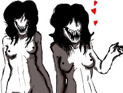 black_hair blowing_kiss breasts creepy digital_media_(artwork) female female_focus female_only genitals hair heart hi_res horror monochrome monster monster_girl naked nipples nude nude_female pale-skinned_female pale_skin pussy samantha_(oc) sharp_teeth solo vagina