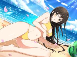 armpit_crease ass_visible_through_thighs bare_arms bare_belly bare_legs bare_shoulders bare_thighs barefoot beach belly_button big_breasts bikini black_body blush body_blush breasts cleavage crossover feet feet_out_of_frame front-tie_bikini_top groin kotegawa_yui long_hair lying marvelous ocean official_art on_side open_mouth outdoors senran_kagura_new_link shiny_skin sideboob thighs to_love-ru toes underboob wet_body wet_hair yaegashi_nan yellow_beak yellow_eyes