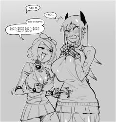 2girls android android_girl big_ass big_breasts female female_only greyscale gynoid huge_ass huge_breasts iria_(minkye) minkye monochrome original_character poking_breasts robot robot_girl sam_(minkye) smug smug_face teasing thick_thighs voluptuous wide_hips