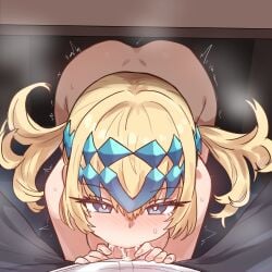 1boy 1girls ass blonde_hair blowjob blue_eyes blush clothed_male_nude_female cum cum_in_mouth desk ebora fate/grand_order fate_(series) fellatio female light-skinned_female light-skinned_male light_skin looking_at_viewer male male_pov medium_breasts oral penis pollux_(fate) pov shiny_hair shiny_skin stealth_fellatio sweat sweatdrop tiara trembling twintails uncensored under_desk unzipped unzipped_pants youngmanisdown