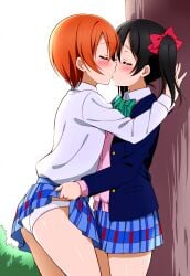 2girls against_tree ai_generated ass bangs black_hair blazer blue_jacket blue_skirt blush bow bowtie bush cardigan closed_eyes clothes_lift couple cowboy_shot female female/female female_only from_side green_bow green_bowtie hairbow hoshizora_rin jacket kissing lifting_another's_clothes long_sleeves love_live! love_live!_school_idol_project milua miniskirt multiple_girls novelai open_clothes open_jacket orange_hair otonokizaka_school_uniform outdoors panties pink_cardigan plaid plaid_skirt pleated_skirt red_bow school_uniform self_upload shirt short_hair skirt skirt_lift standing striped striped_bow striped_bowtie tree twintails underwear white_panties white_shirt winter_uniform yazawa_nico yuri