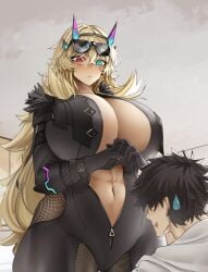 1boy 1boy1girl 1girls abs artist_request barghest_(gawain)_(fate) blonde_hair blush bodysuit breasts cleavage fate/grand_order fate_(series) fujimaru_ritsuka_(male) huge_breasts inner_sideboob looking_at_another muscular taller_girl