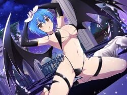 armpits arms_up ass_visible_through_thighs bare_belly bare_legs bare_thighs belly_button big_breasts bikini black_bikini black_gloves blue_hair blush body_blush breasts bridal_gauntlets brown_hair cleavage crossover demon_girl demon_wings elbow_gloves feet gloves groin hands_over_head high_heels high_school_dxd highleg highleg_bikini kneeling marvelous official_art on_knees open_mouth revealing_clothes senran_kagura_new_link shiny_skin short_hair sideboob slingshot_swimsuit thigh_strap thighs two_tone_hair underboob xenovia_quarta yaegashi_nan