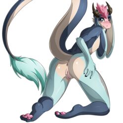 2017 anus ass dragon female flat_chested hi_res horn looking_back nipples paws presenting presenting_hindquarters pussy raised_tail scalie silvia solo spreading suddenhack