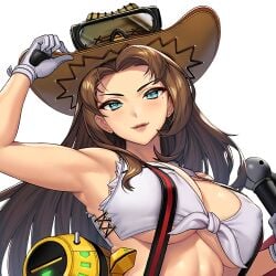 adjusting_hat armpits bare_shoulders big_breasts brown_hair choney color cowboy_hat ear_piercing eyewear eyewear_on_headwear female female_focus female_only forehead from_below game_cg gloves hair_on_breasts hair_over_breasts hat last_origin long_hair looking_at_viewer lumberjane_(last_origin) machinery mole mole_under_eye nipple_bulge red_lips skimpy skimpy_clothes sleeveless sleeveless_top sleeveless_topwear smile smiling smiling_at_viewer suspenders tank_top teal_eyes tied_top tied_topwear toned toned_female topwear transparent_background underboob upper_body viewed_from_below white_tank_top white_top white_topwear