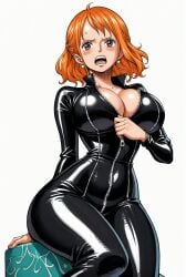 ai_generated alluring big_breasts blush bodysuit breasts brown_eyes female female_only latex latex_bodysuit latex_clothing latex_suit looking_at_viewer nami nami_(one_piece) one_piece orange_hair seducing seduction seductive seductive_body seductive_eyes seductive_gaze seductive_look seductive_mouth seductive_pose seductive_smile shiny_hair shiny_skin shiny_suit skin_tight voluptuous voluptuous_female yashin zipper zipper_pull_tab