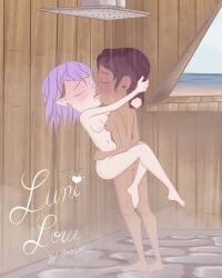 2girls amity_blight amity_blight_(beta) canon_couple disney disney_channel female female_only kiss kissing luz_noceda multiple_girls purple_hair shower the_owl_house yuri