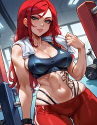 ai_generated breasts brinkai eyelashes green_eyes gym gym_uniform katarina_du_couteau league_of_legends lips medium_breasts pants red_hair skindentation sports_bra sportswear thick_thighs wide_hips