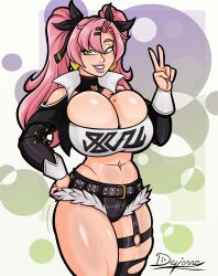 big_breasts clothed fanart green_eyes looking_at_viewer m&#039;ric nicole_demara peace_sign pink_hair ponytails smiling zenless_zone_zero