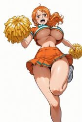 ai_generated alluring angry angry_expression angry_face breasts brown_eyes cheerleader cheerleader_costume cheerleader_outfit cheerleader_uniform cheerleaders cheerleading cheerleading_pose cheerleading_uniform female female_only looking_at_viewer nami nami_(one_piece) one_leg_up one_piece open_mouth orange_hair pom_poms seducing seduction seductive seductive_body seductive_eyes seductive_gaze seductive_look seductive_mouth seductive_pose shiny_hair shiny_skin skirt thick_thighs underboob voluptuous voluptuous_female yashin