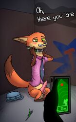 ambiguous_gender anthro blush canid canine clothed clothing collar disney erection faceless_ambiguous faceless_character fox genitals gps hi_res knot knotted_penis male mammal nanori-chan nick_wilde penis peril shock_collar solo zootopia zootopia_2