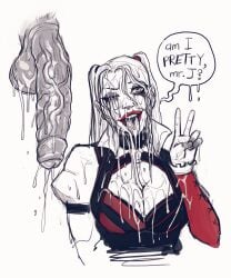 1boy 1girls batman:_arkham_knight batman_(series) big_balls big_breasts big_penis blowjob collar covered_in_cum cum cum_on_body cum_on_breasts cum_on_face dc dc_comics deepthroat devil_hs fellatio gag gagging harley_quinn harley_quinn_(arkham) harley_quinn_(arkham_knight) hi_res high_resolution highres huge_cock looking_at_viewer penis saliva salute saluting spitting_cum tongue_out twintails veiny_penis