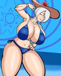 1girls angel_(kof) big_breasts bikini blue_bikini closed_eyes female flower_on_head giant_breasts hat king_of_fighters short_hair summer sun thick_legs thick_thighs water white_hair white_skin