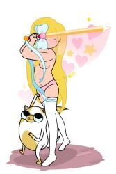 1girls adventure_time blonde_hair blush cake_the_cat closed_eyes dm29 female female_only fionna_the_human_girl long_hair mob_face panties sitting suggestive sword thighhighs