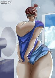 1girls absurd_res breasts brown_hair closed_eyes colacat95 fan female female_only glasses hi_res large_breasts mei_(overwatch) overwatch solo sweat thick_thighs thighs wide_hips