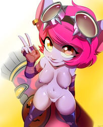 1girls areolae breasts female highres large_breasts league_of_legends looking_at_viewer navel nipple_piercing nipples nude piercing pink_hair purple_skin pussy riot_games riot_girl_tristana riot_series smile solo thehumancopier tristana v yellow_eyes yordle