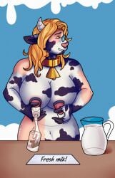 animal_humanoid anthro areola ass big_areola big_breasts big_butt blush bodily_fluids bovid bovid_humanoid bovine bovine_humanoid breast_milking breasts brown_hair cattle cattle_humanoid curled_hair digital_media_(artwork) erect_nipples erection eyewear female fur glasses hair hi_res hooves horn humanoid kiri-anko lactating lactating_in_cup mammal mammal_humanoid mid_transformation milk nipples nude projectile_lactation simple_background smile solo species_transformation tail text transformation white_body white_fur wide_hips