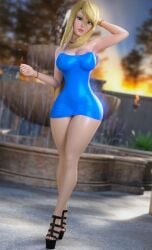 3d 3d_(artwork) big_breasts bimbo blonde_hair blue_eyes cleavage curvy female female_focus female_only fully_clothed heels high_heels looking_at_viewer metroid nintendo platform_heels ruidx samus_aran solo_female thick_thighs tight_clothing tight_dress voluptuous