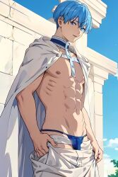 1boy abs ai_generated bare_pectorals blue_eyes blue_hair bulge cape day frieren_beyond_journey's_end himmel_(sousou_no_frieren) looking_at_viewer male_focus male_underwear muscular navel nipples pants pectorals short_hair sky smile solo sousou_no_frieren underwear undressing