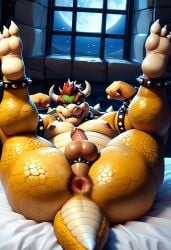 1boy ai_generated anthro anus balls big_balls big_muscles big_penis bowser daddy gay hairy_ass hairy_asshole horns koopa looking_at_viewer male male_only mario_(series) muscular muscular_anthro muscular_male nintendo penis red_eyes red_hair reptile scalie showing_ass super_mario_bros. yellow_body