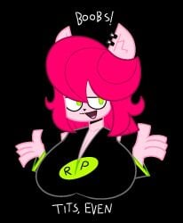 big_breasts bit-fruity black_background black_shirt breasts cleavage colored_line_art ear_piercing english_text furry green_eyes original_character pierced_ears piercing pink_hair shrug simple_background text triangle_nose white_text