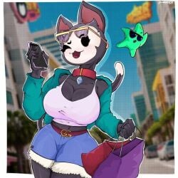 1girls 5_fingers :3 :3d anthro big_breasts brawl_stars breasts cat_girl clothing curvy diamond furry glasses huge_breasts kit_(brawl_stars) necklace short_shirt shorts smile solo t-shirt tail un_weon wink winking_eye